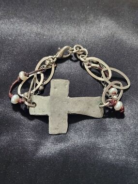Silver-Tone Cross Bracelet with Pearl & Brown Cord Accents